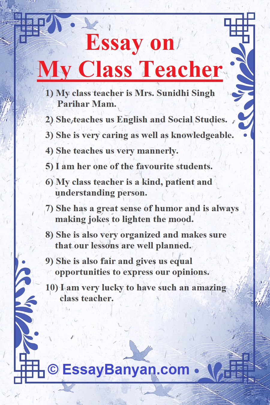 essay on a class teacher