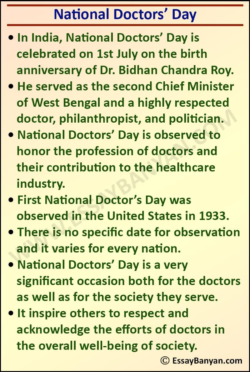 Essay on National Doctors' Day for all Class in 100 to 500 Words ...